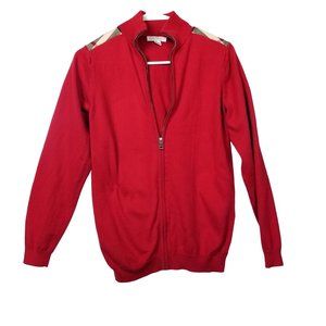 Burberry Children red zip up sweater with tartan check shoulders size 14